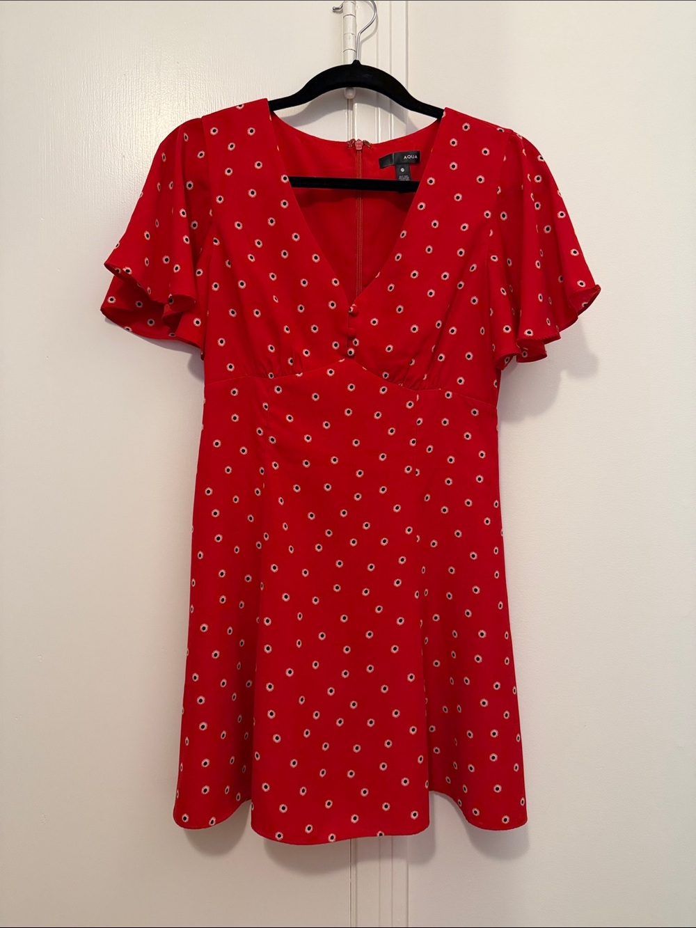 Red Polka Dot V‑Neck Flutter Sleeve Dress - Aqua size xs